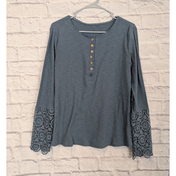 Ribbed Henley Top with lace cuffs Size L/XL SEE MEASUREMENTS - Picture 1 of 7